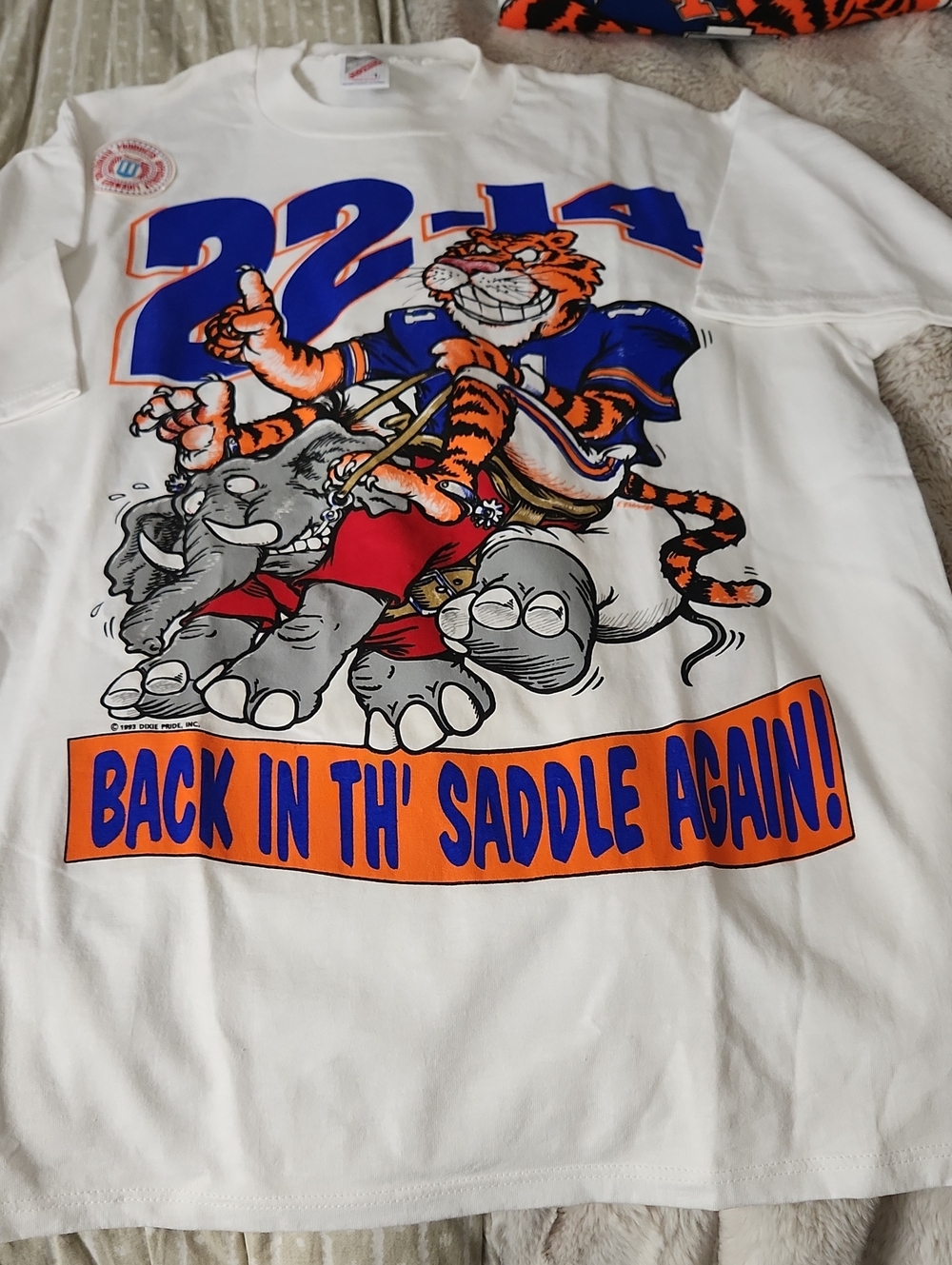 Jerzees White Adult Med.  Tee with Orange & Blue Mascot Graphic